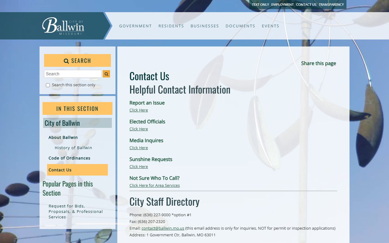 Ballwin White Pages city staff directory and contacts