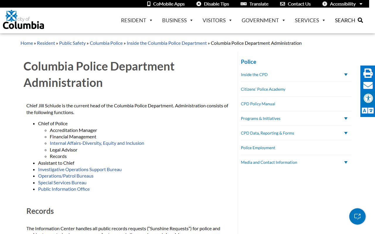 Columbia Police Department records for white pages