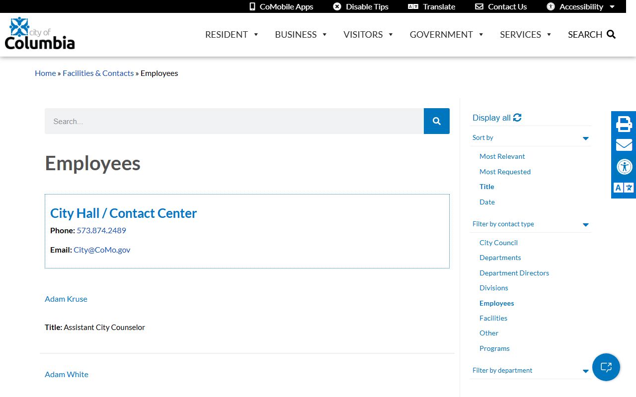 Columbia city employee directory for white pages searches