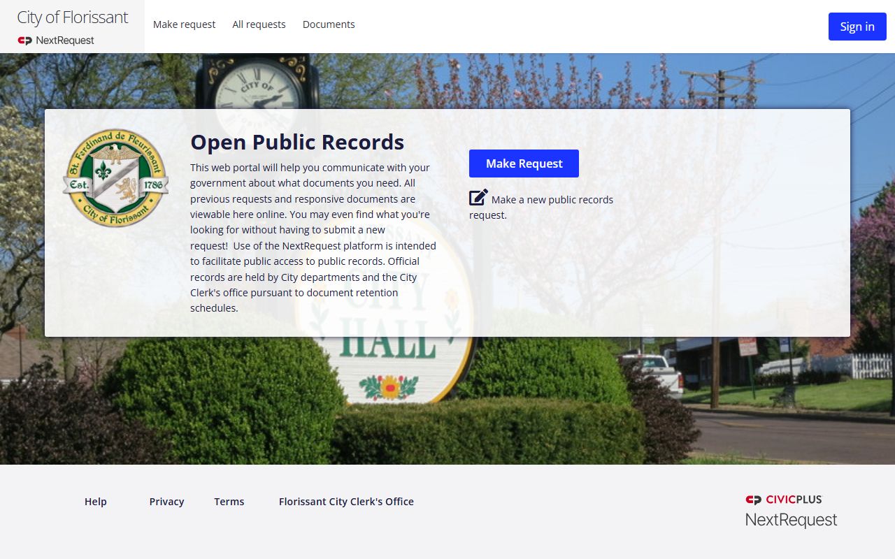 Florissant White Pages city clerk records request portal