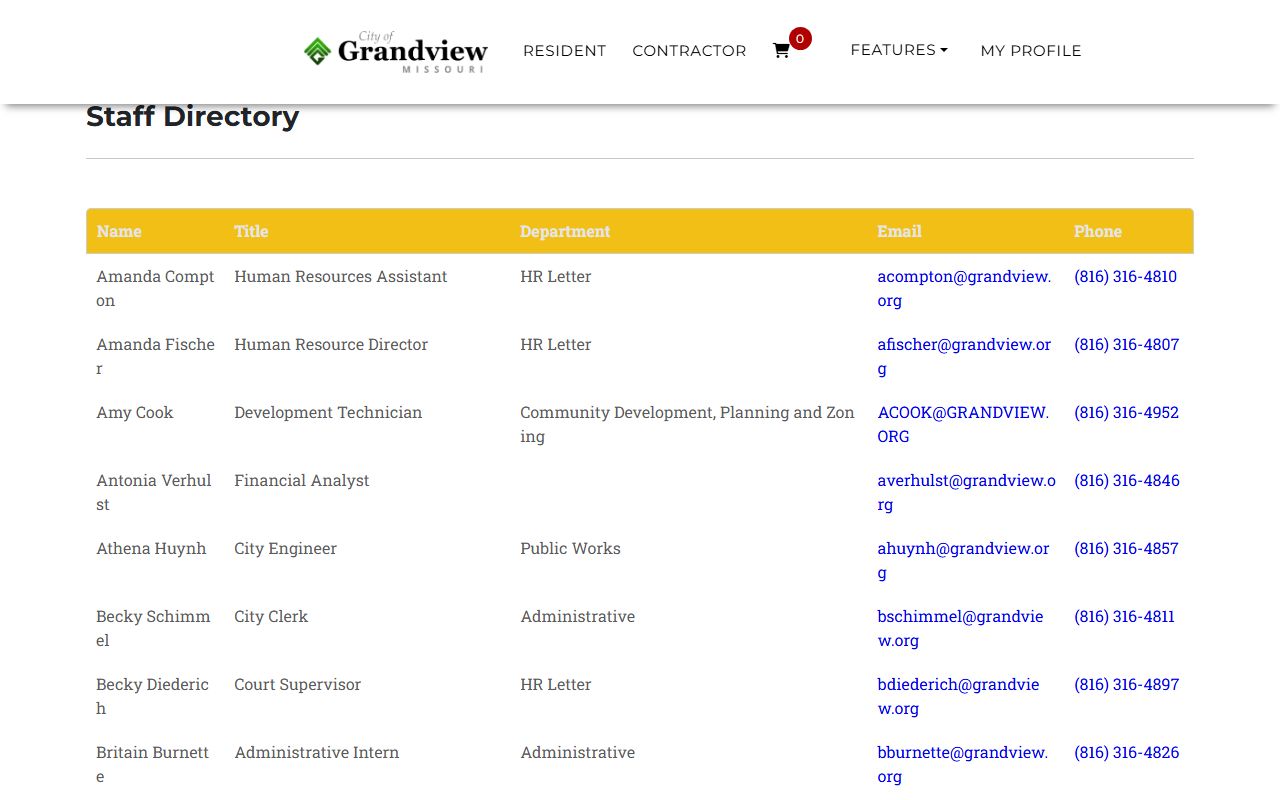 Grandview White Pages city staff directory