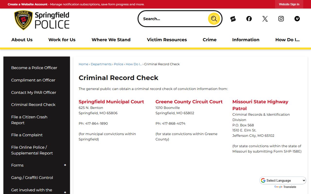 Springfield Municipal Court criminal record check for white pages