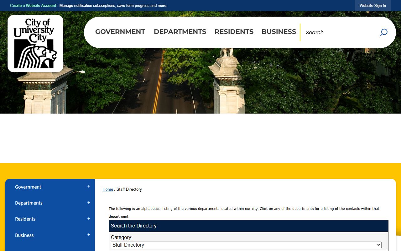 University City White Pages staff directory and city website