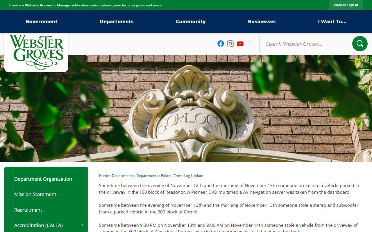 Webster Groves White Pages police department crime log