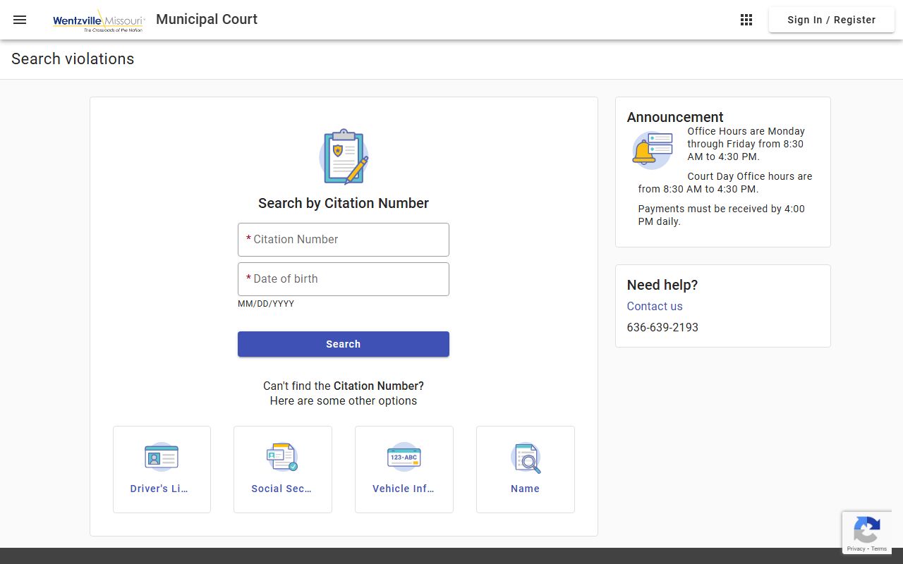Wentzville White Pages online court payment and case search portal