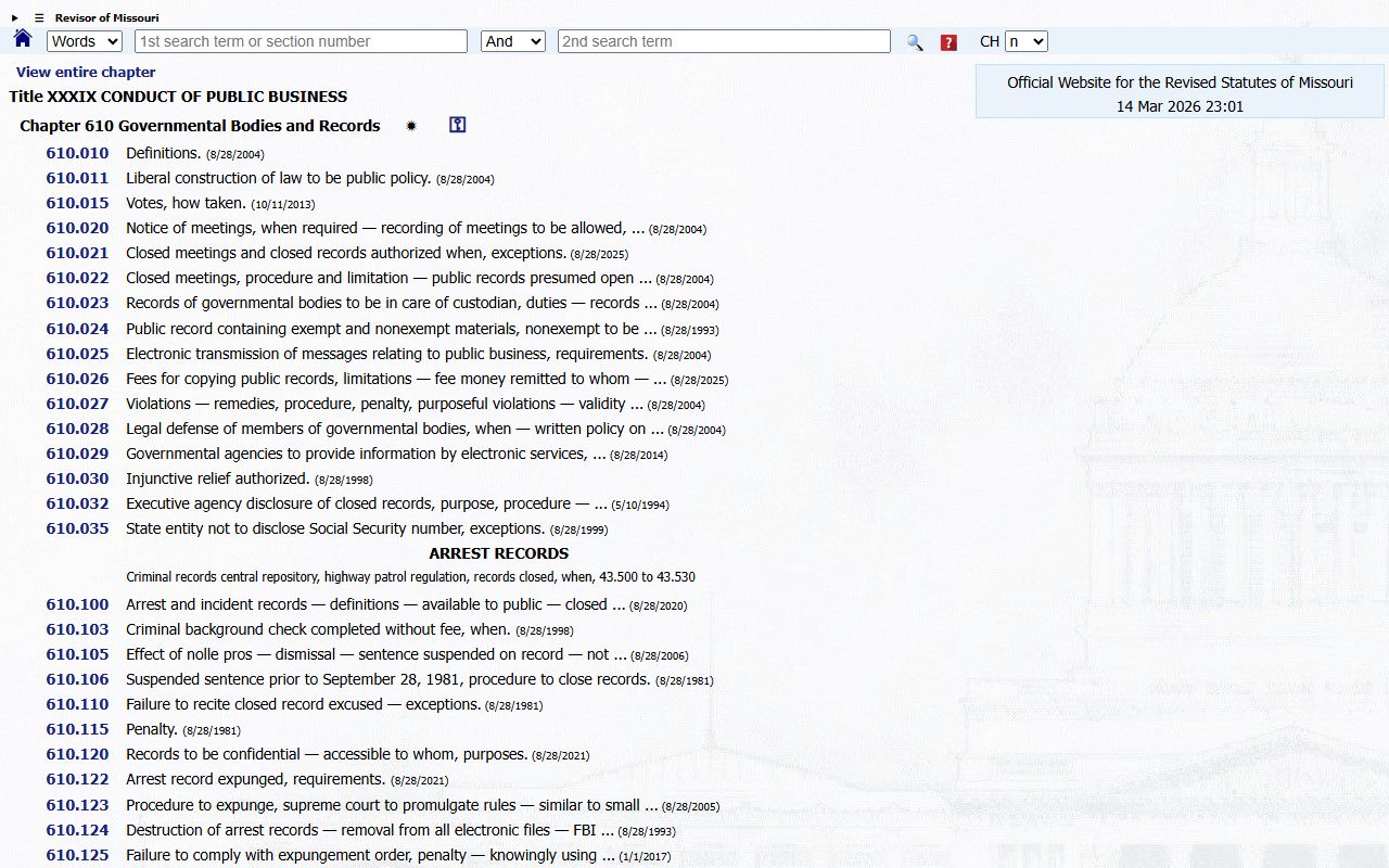 Missouri White Pages Sunshine Law Chapter 610 RSMo