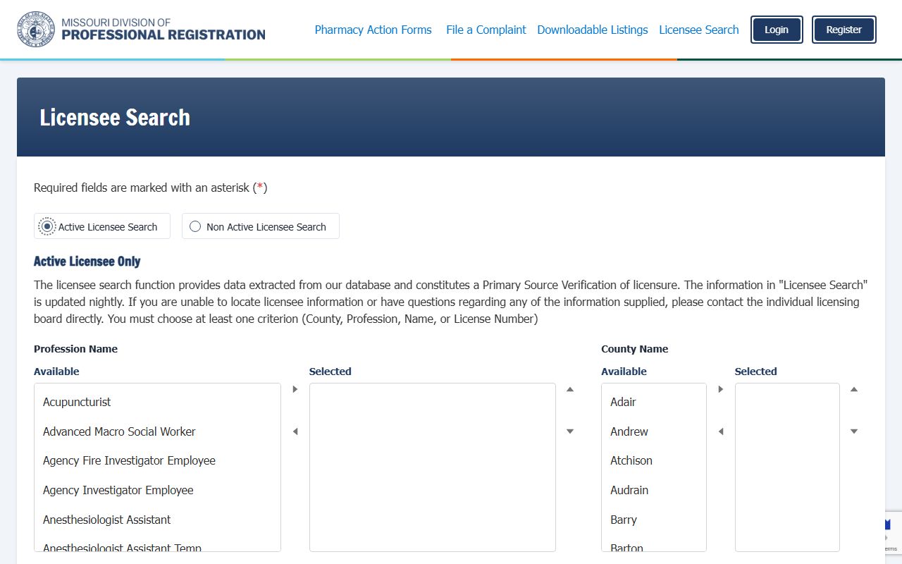 Missouri White Pages MO PRO professional license search portal