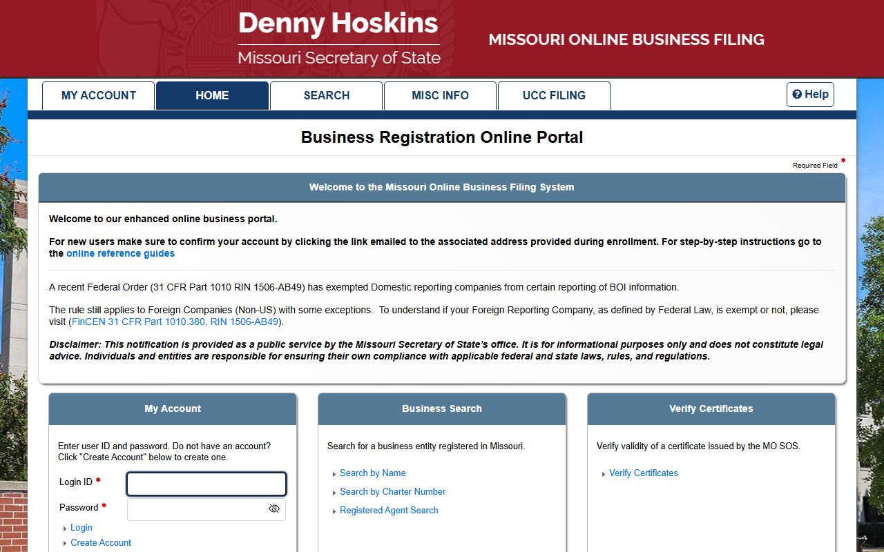 Missouri White Pages business filings portal search